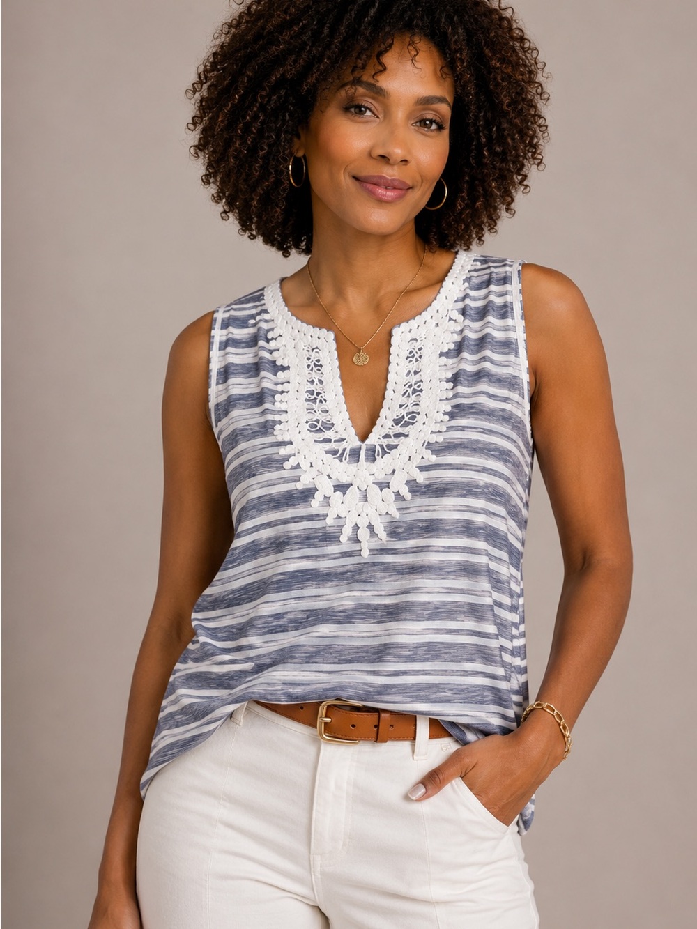 Max Studio Women’s Crochet Front V-Neck Striped Tank Top Size 1X